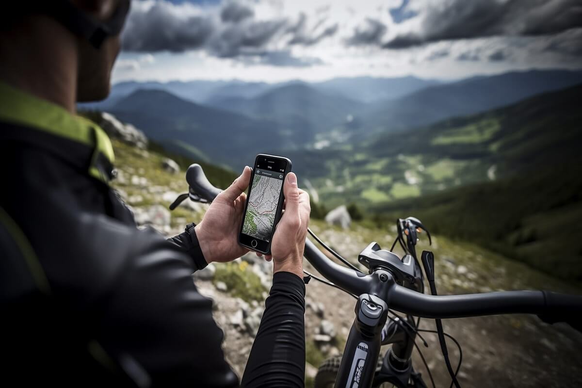 Un cycliste qui planifie son parcours avec son smartphone